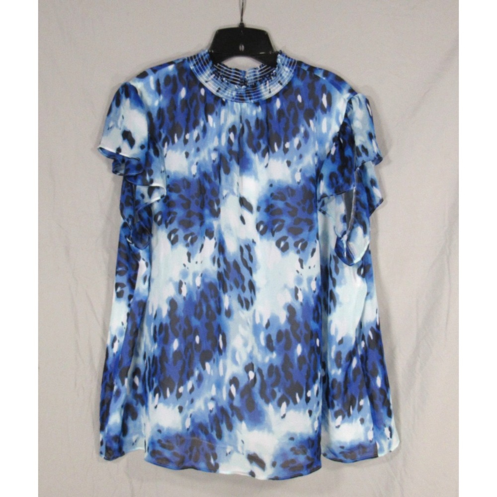 CATO Lined CHIIFON Button SMOCKED NECKLINE Blue Leopard Print BLOUSE/TOP 18/20W